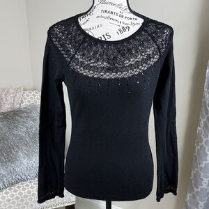 Elegant Black Sweater with Lace and Beaded Accent